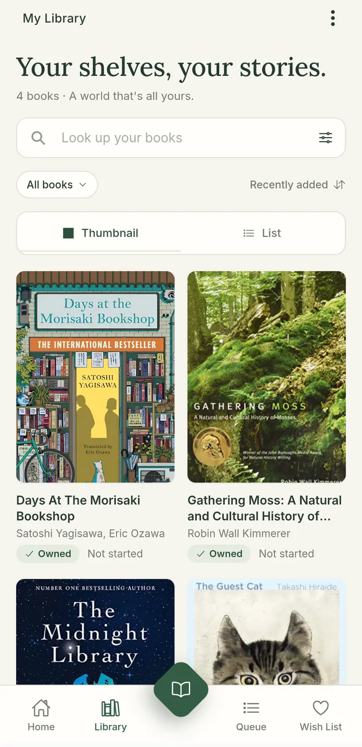 My Library screen with a cover grid of owned books, search, filters, and a choice of thumbnail or list view.