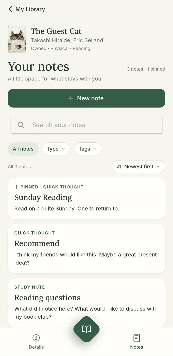 Notes screen for The Guest Cat, with a pinned Sunday reading thought, a quick thought, and a study note.