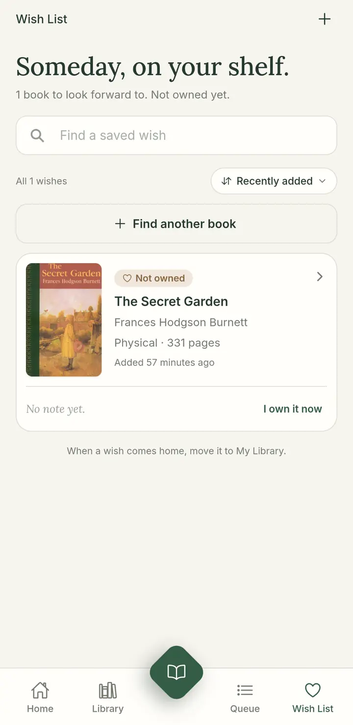 Wish List screen with The Secret Garden saved as a book that is not owned yet.